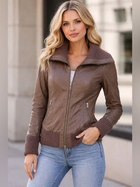 Mackage Size S 100% Genuine Lamb Leather Bomber Jacket - Chocolate Brown